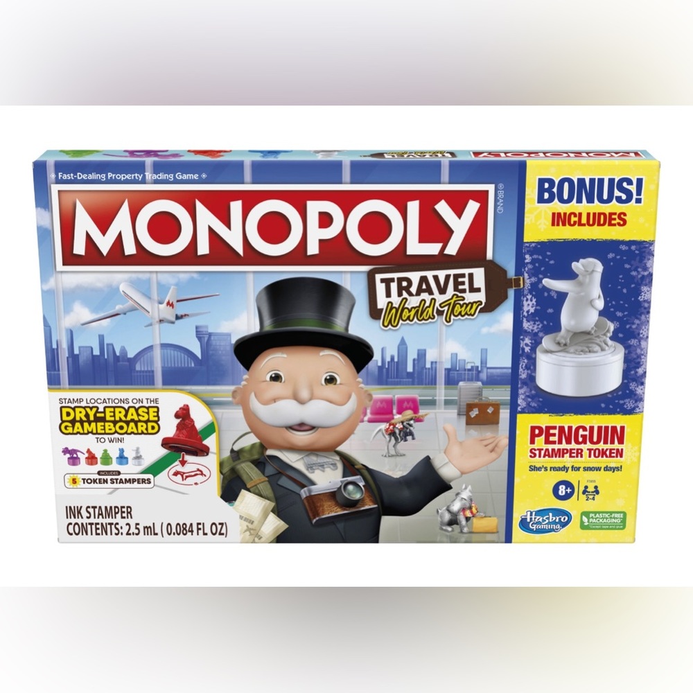 Monopoly Travel World Tour Board Game With Dry-Erase Game Board & 5 Stampers